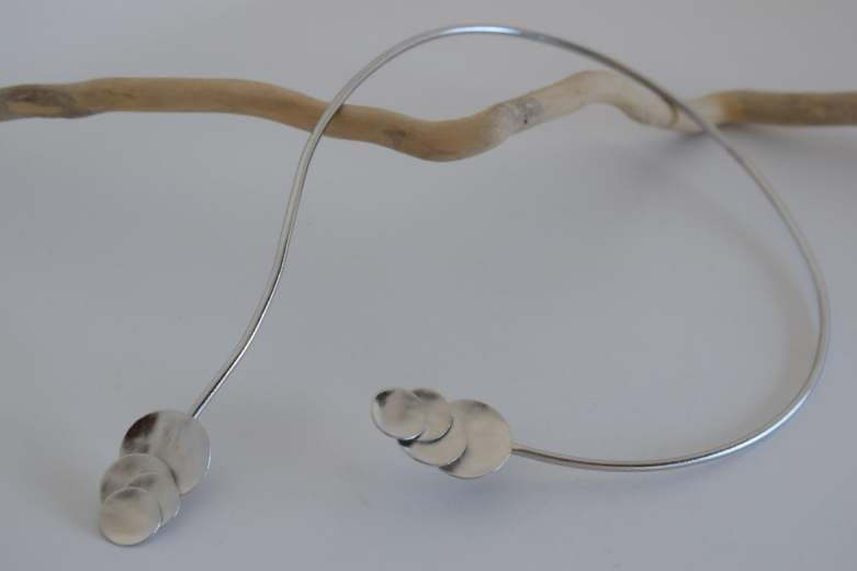 Handmade open choker necklace with hammered circular discs inspired from Greek mythology, available in gold, silver, or rose gold plating.