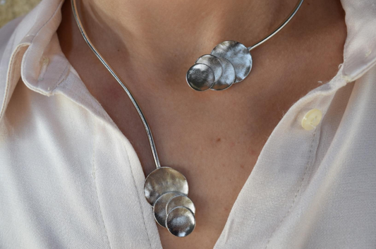 Handmade open choker necklace with hammered circular discs inspired from Greek mythology, available in gold, silver, or rose gold plating.