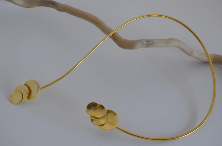 Handmade open choker necklace with hammered circular discs inspired from Greek mythology, available in gold, silver, or rose gold plating.