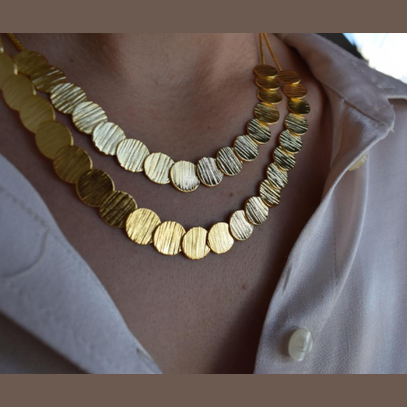 Handcrafted Kypros necklace, Greek hammered jewelry, 18K gold plated, double-layer hammered circular disc design