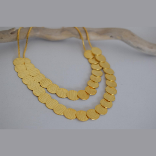 Handcrafted Kypros necklace, Greek hammered jewelry, 18K gold plated, double-layer hammered circular disc design
