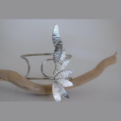 Handmade gold or silver plated cuff bracelet with elongated textured olive leaf design, inspired by ancient Greek olive branches