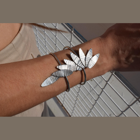 Handmade gold or silver plated cuff bracelet with elongated textured olive leaf design, inspired by ancient Greek olive branches