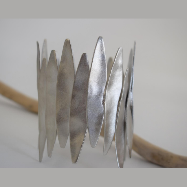 Handmade 18k gold plated cuff bracelet with elongated olive leaf design, inspired by the crowns of ancient Olympia