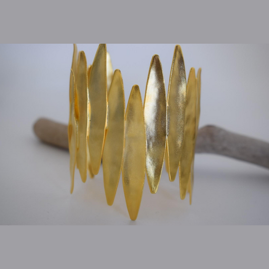 Handmade 18k gold plated cuff bracelet with elongated olive leaf design, inspired by the crowns of ancient Olympia