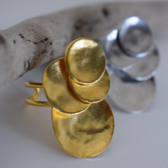 Handmade stacked hammered disc ring in 18k gold plated and silver plated finish, inspired by ancient Greek design