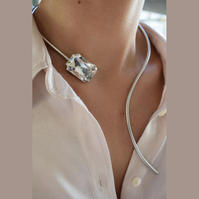 Handmade open choker necklace with a Swarovski crystal inspired by shimmering silver waters in ancient Greek culture, available in gold, silver, or rose gold plating.