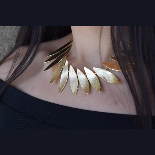 Handcrafted Pteryga necklace, Greek hammered jewelry, 18K gold plated, feather-shaped collar design
