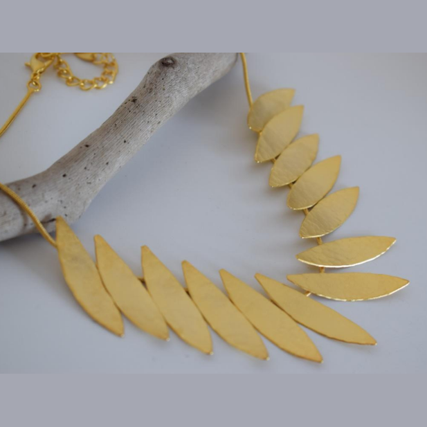 Handcrafted Pteryga necklace, Greek hammered jewelry, 18K gold plated, feather-shaped collar design