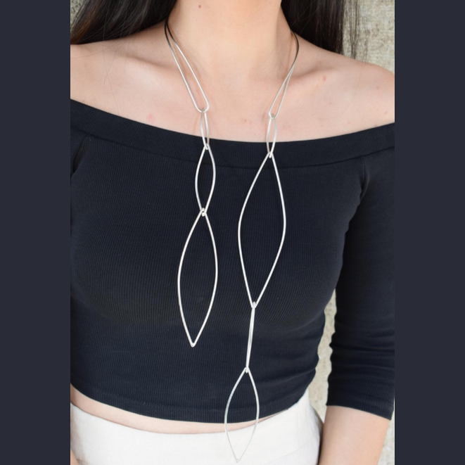 Handcrafted Nereis necklace, Greek hammered jewelry, silver plated, elongated open shapes inspired by sea nymphs