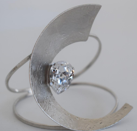 Handmade 18K gold or silver plated crescent cuff bracelet with sparkling crystal centerpiece, inspired by ancient Greek design