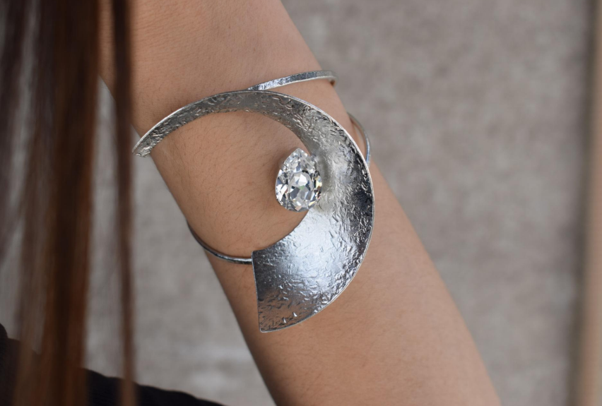 Handmade 18K gold or silver plated crescent cuff bracelet with sparkling crystal centerpiece, inspired by ancient Greek design
