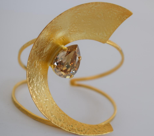 Handmade 18K gold or silver plated crescent cuff bracelet with sparkling crystal centerpiece, inspired by ancient Greek design