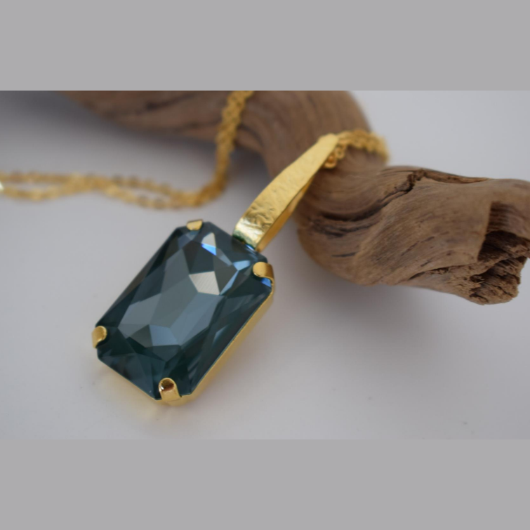 Handcrafted Okeanos necklace, Greek hammered jewelry, 18K gold plated, rectangular green crystal pendant