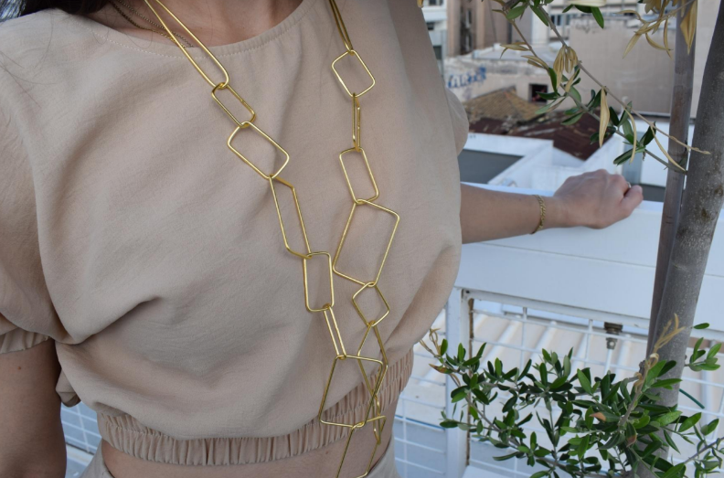 Handcrafted Geometria necklace, Greek hammered jewelry, 18K gold plated, elongated rectangle design inspired by ancient Greek geometry