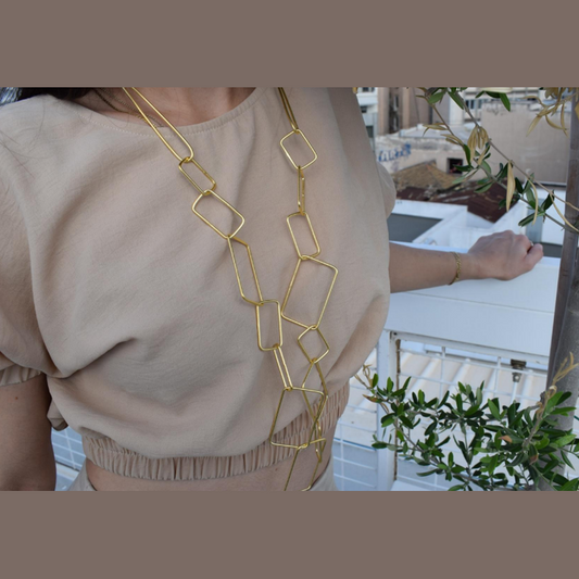 Handcrafted Geometria necklace, Greek hammered jewelry, 18K gold plated, elongated rectangle design inspired by ancient Greek geometry
