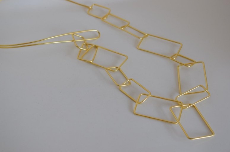 Handcrafted Geometria necklace, Greek hammered jewelry, 18K gold plated, elongated rectangle design inspired by ancient Greek geometry