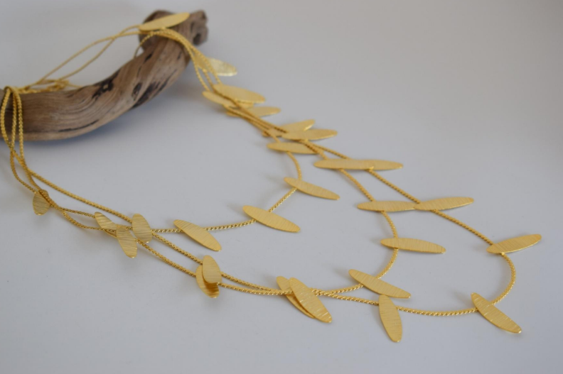Handcrafted Chloris necklace, Greek hammered jewelry, 18K gold plated, leaf-inspired chain design