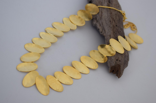 Handcrafted Ilios necklace, Greek hammered jewelry, 18K gold plated, oval disc design inspired by the sun
