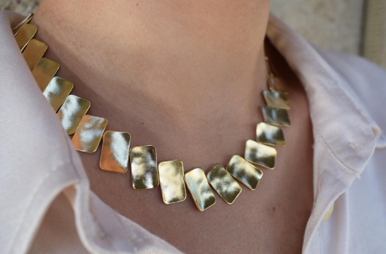 Handmade hammered necklace with rectangular gold-plated plates inspired by the poetic elegance of gold in ancient Greek culture.