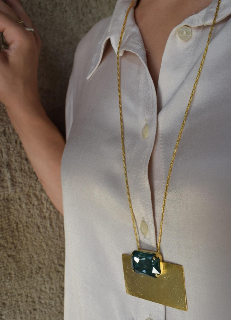 Handcrafted Kyklopa necklace, Greek hammered jewelry, 18K gold plated, hammered rectangle pendant with faceted blue crystal