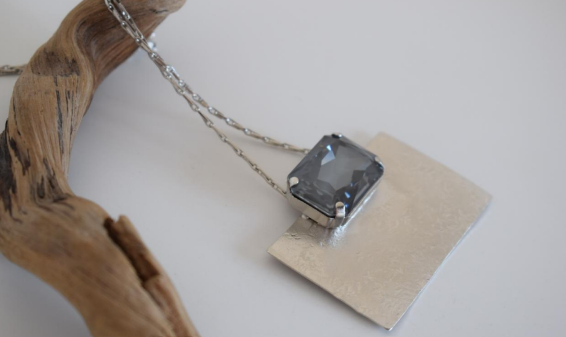 Handcrafted Kyklopa necklace, Greek hammered jewelry, 18K gold plated, hammered rectangle pendant with faceted blue crystal