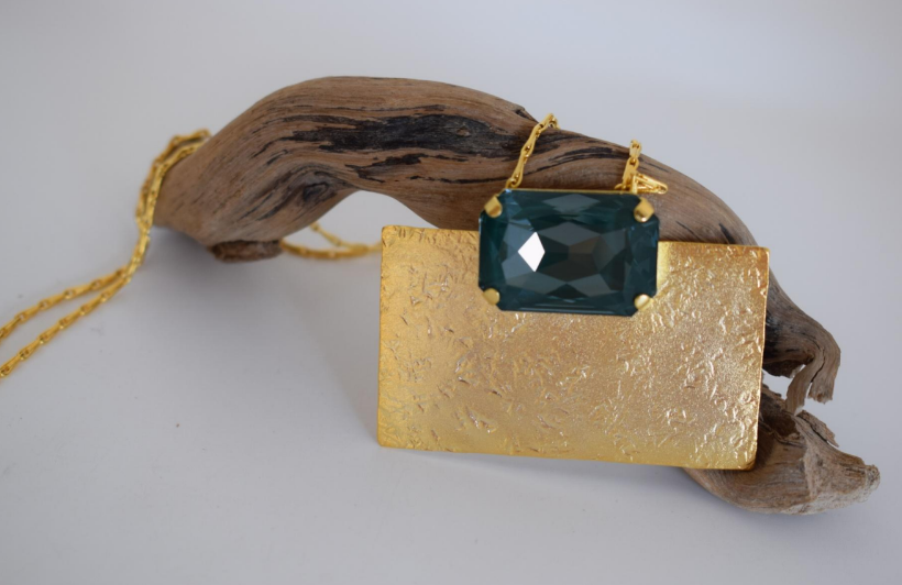 Handcrafted Kyklopa necklace, Greek hammered jewelry, 18K gold plated, hammered rectangle pendant with faceted blue crystal
