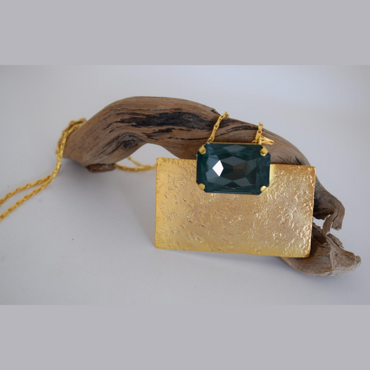 Handcrafted Kyklopa necklace, Greek hammered jewelry, 18K gold plated, hammered rectangle pendant with faceted blue crystal