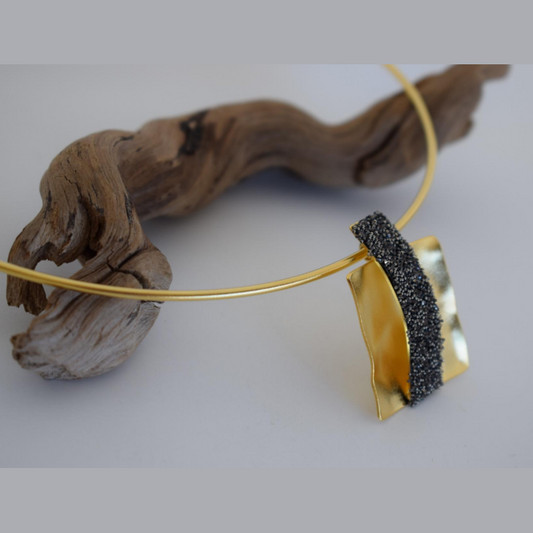 Handcrafted Astypalaia necklace, Greek hammered jewelry, 18K gold plated, wave-shaped pendant with Swarovski crystal detail