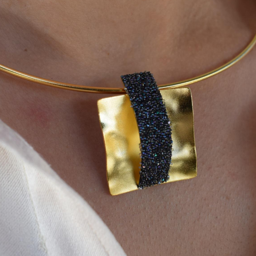 Handcrafted Astypalaia necklace, Greek hammered jewelry, 18K gold plated, wave-shaped pendant with Swarovski crystal detail