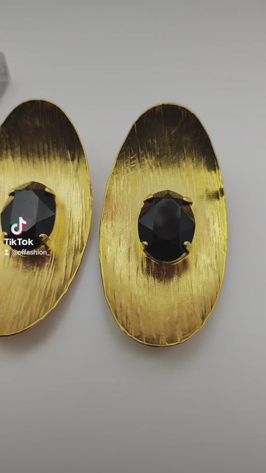 Aphrodite earrings, hammered oval design with crystals, Greek hammered jewelry, handmade, available in 18K gold plated, silver plated, or rose gold plated