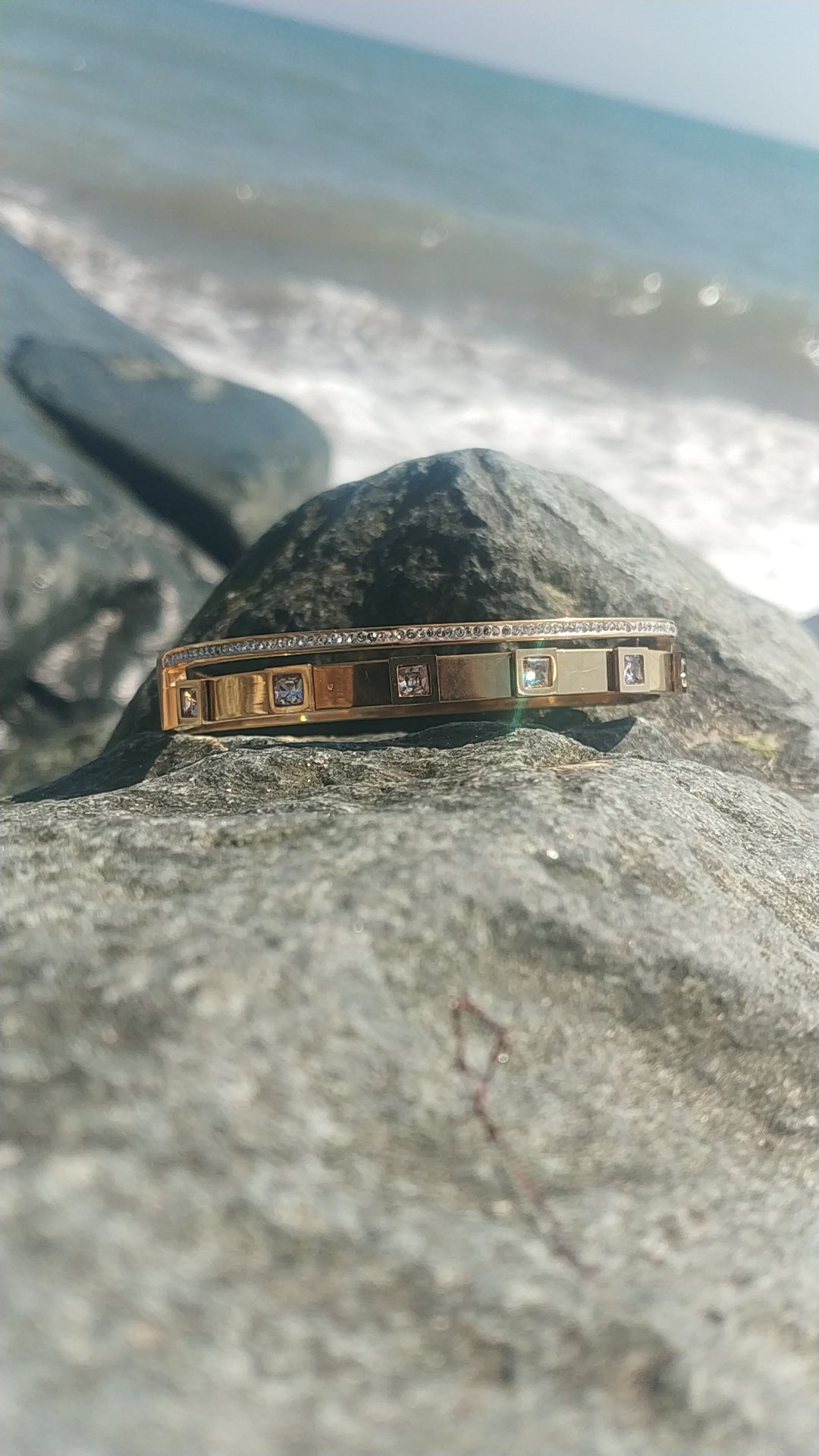 Double Stainless Steel Cuff Bracelet with Square Crystals and Rhinestones