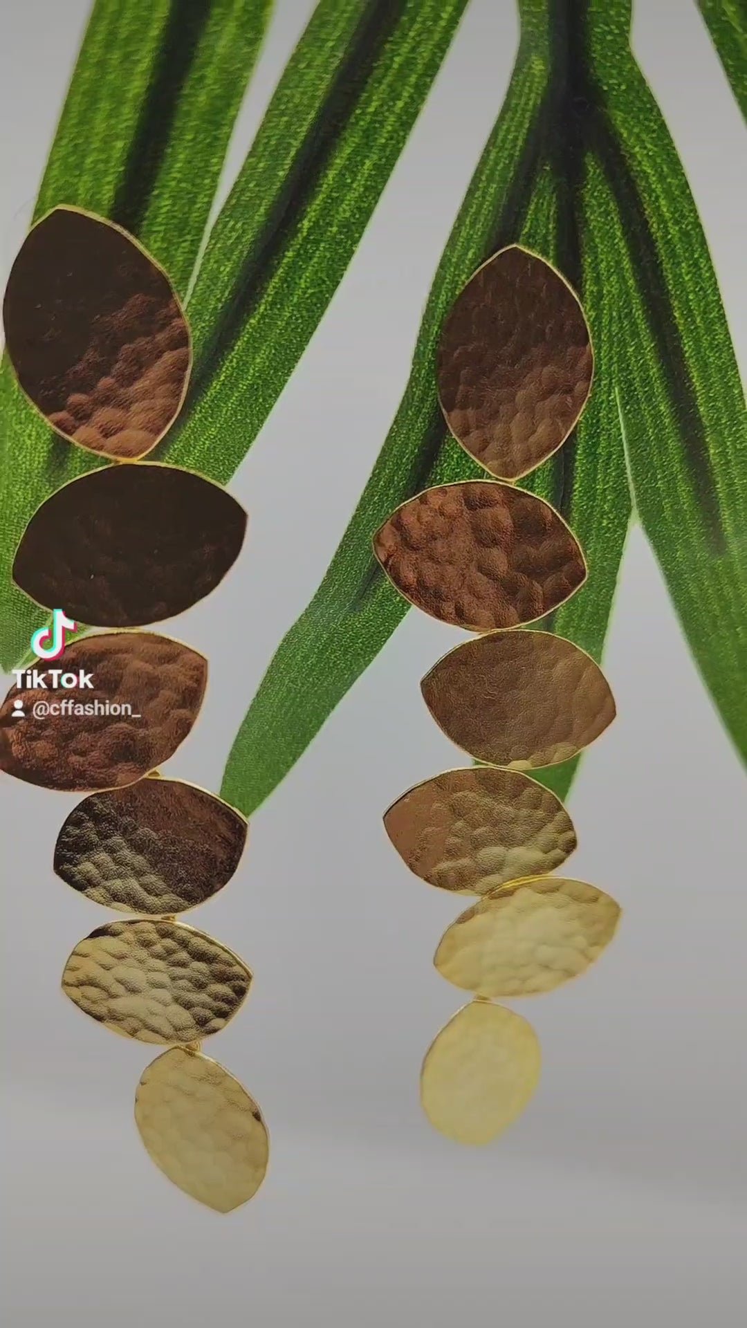 Trifyllon Earrings – Greek Hammered Jewelry – Available in 18K Gold, Silver, and Rose Gold Plated. Cascading hammered leaf design inspired by ancient Greek nature symbolism.