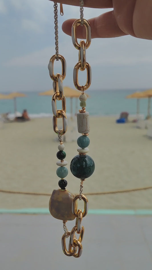 Handmade Green Gemstone & Mother of Pearl Necklace – 18K Gold Plated & Hypoallergenic - HNSN 724 - CF fashion