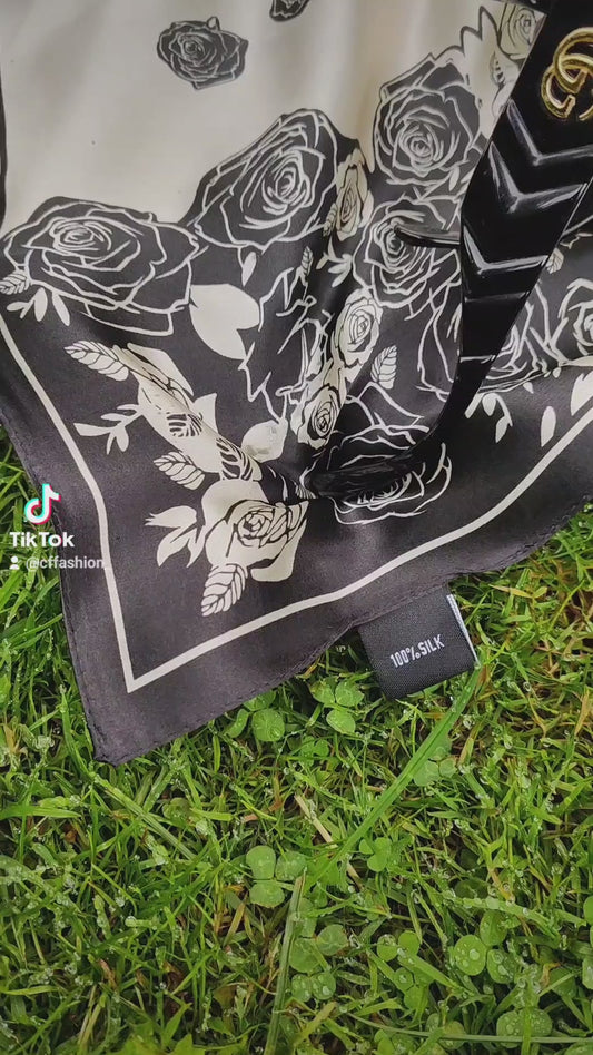 Noir Rose luxury silk square scarf 55x55 black rose motif on cream background CF fashion