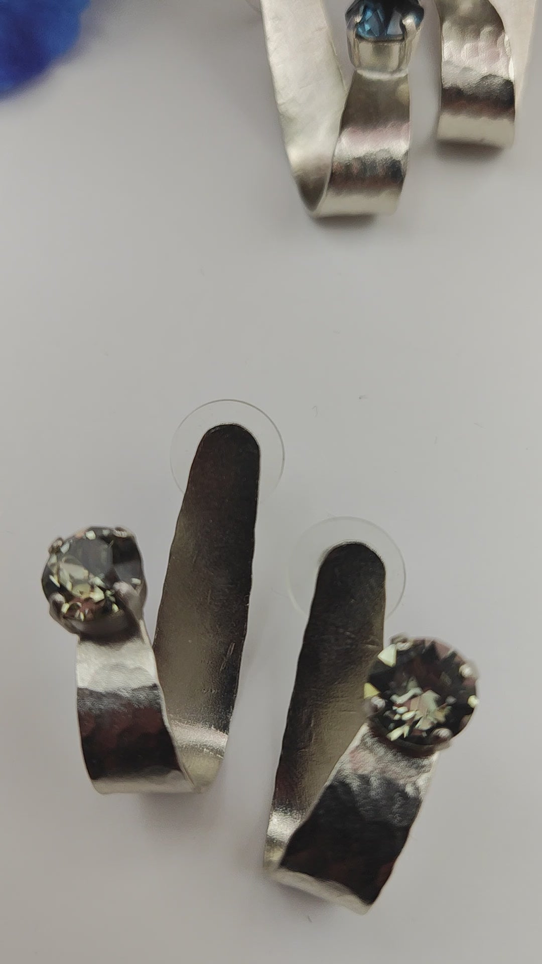 electra earrings greek hammered jewelry 18k gold or silver plated with blue or champagne crystal