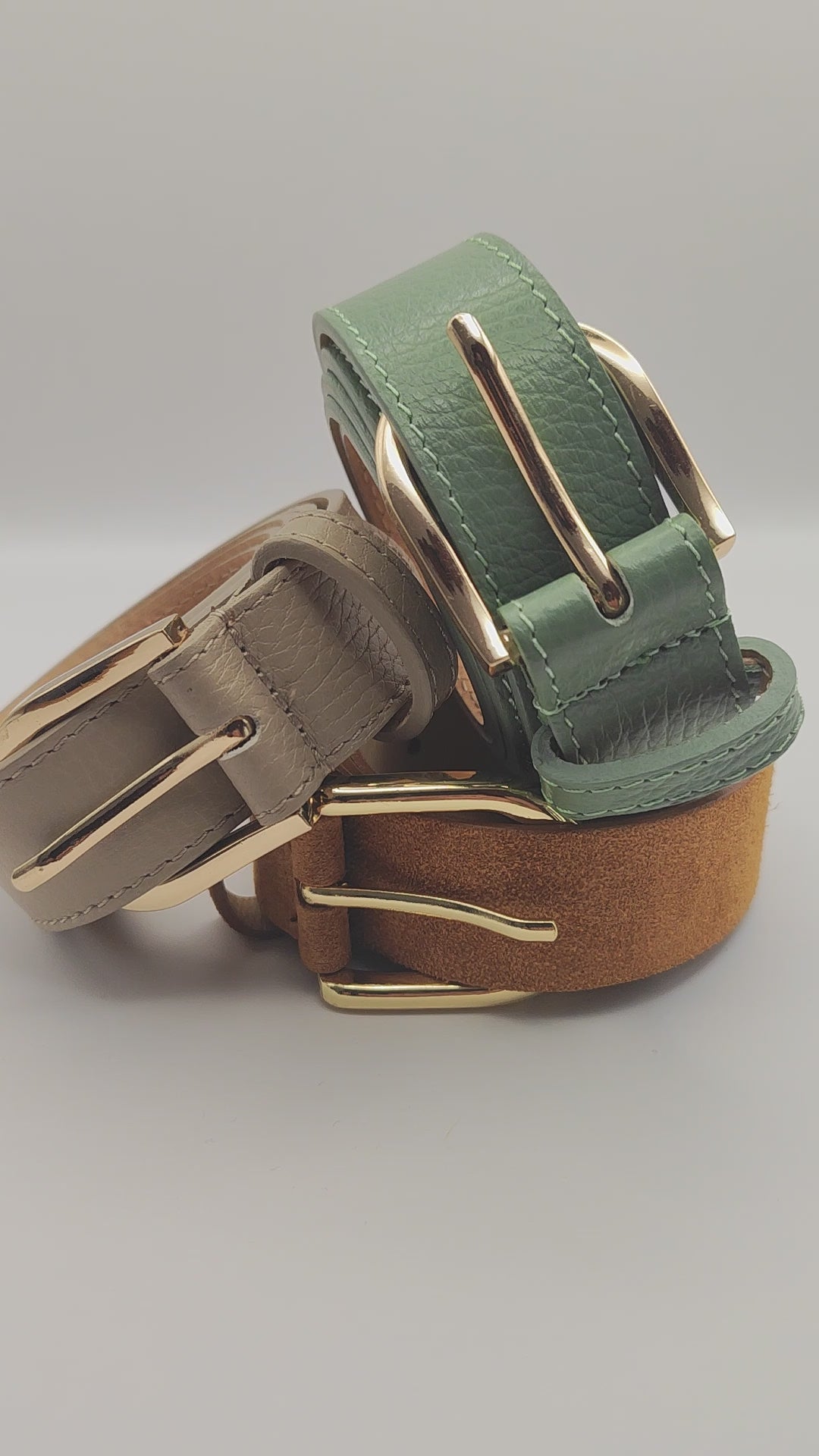 Premium leather belt with silver buckle in lavender, beige, and turquoise – unisex fashion accessory