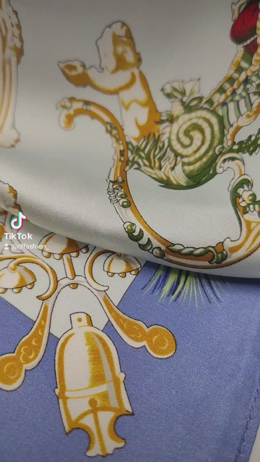 Royal Carriage luxury silk square scarf 55x55 – blue and gold baroque carriage design – CF fashion