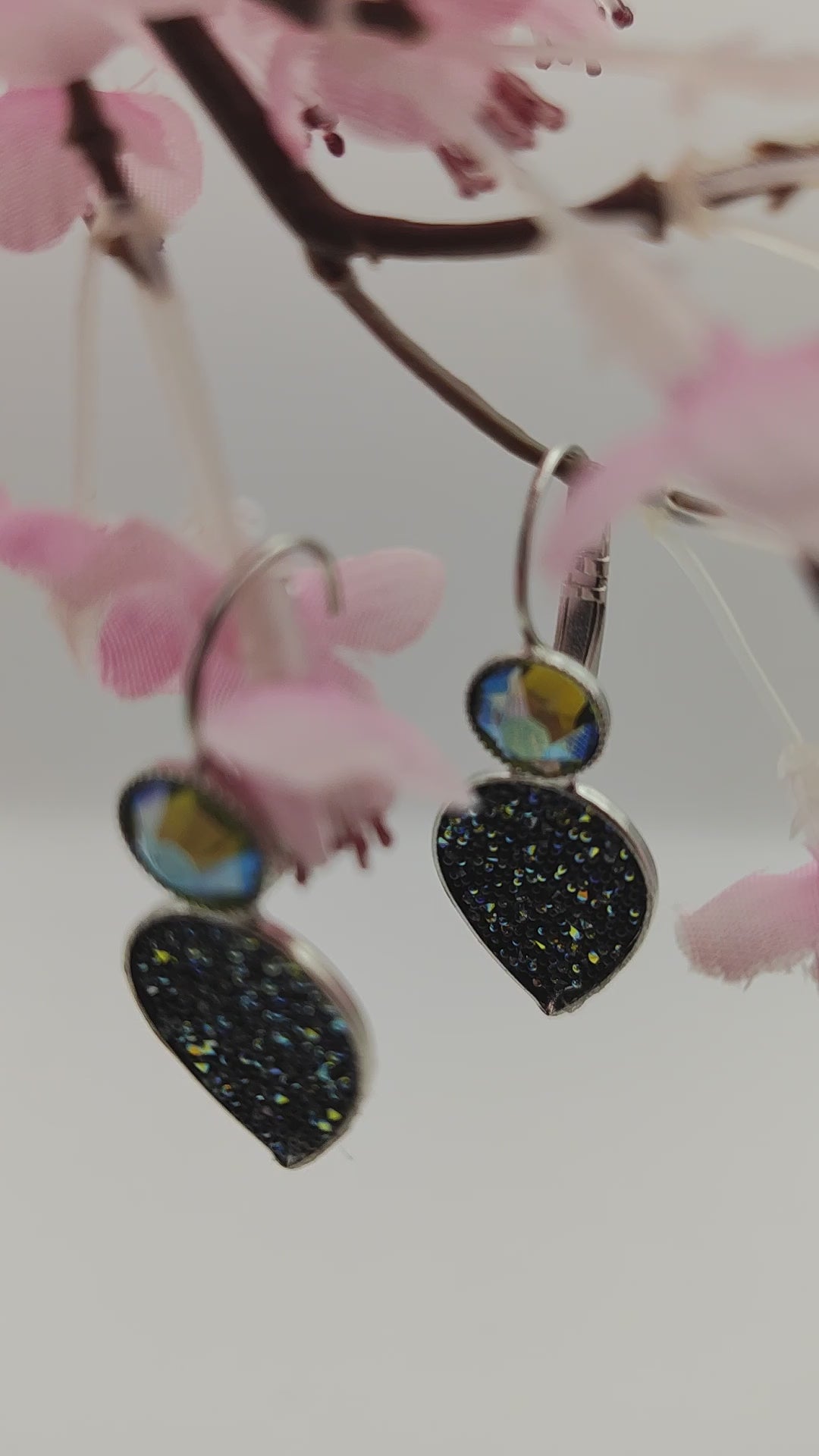 nyx earrings greek hammered jewelry 18k gold or silver plated with black glitter stone and iridescent crystal