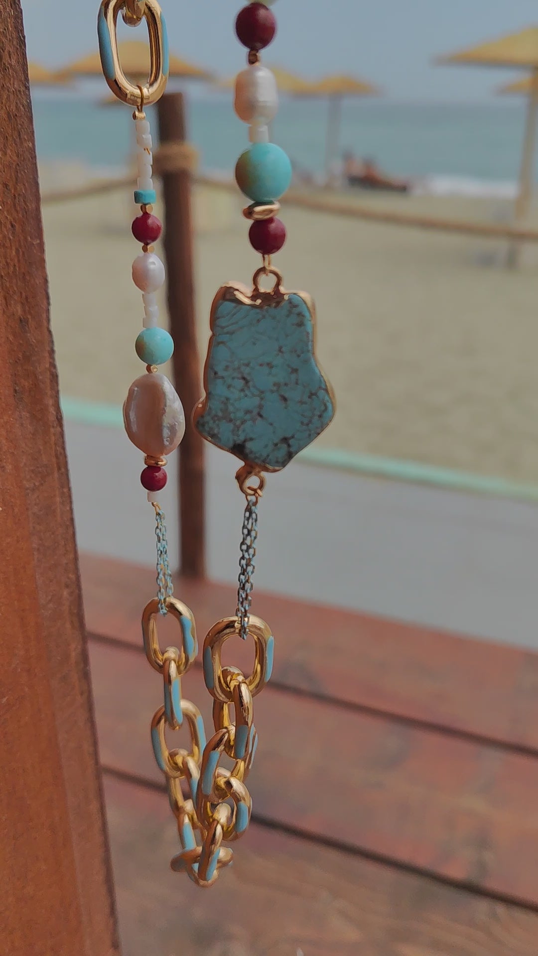 Long Statement Necklace with Raw Turquoise, Pearls & 18K Gold Plated Enamel Chain
