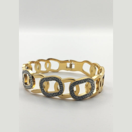 “Hug” Wide Stainless Steel Bracelet with Rhinestone Accents