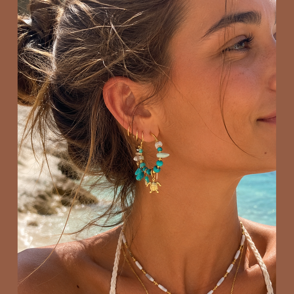 Aegean Sea Turtle Hoop Earrings | Stainless Steel & Natural Stones