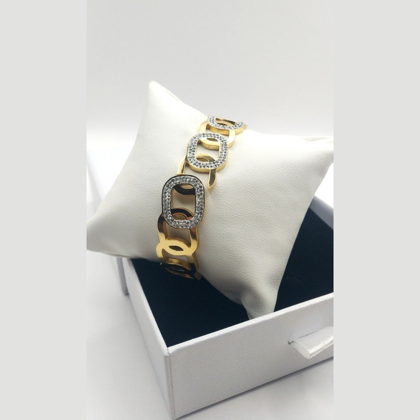 “Hug” Wide Stainless Steel Bracelet with Rhinestone Accents