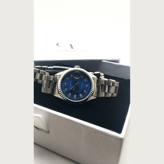 Women’s Elegant Deep Blue Dial Stainless Steel Watch With Crystals