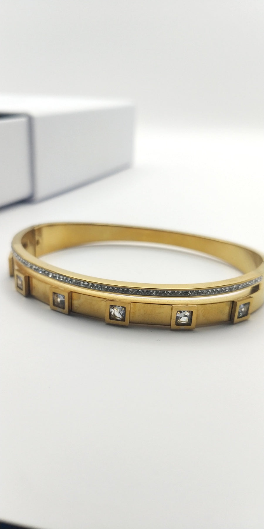 Double Stainless Steel Cuff Bracelet with Square Crystals and Rhinestones