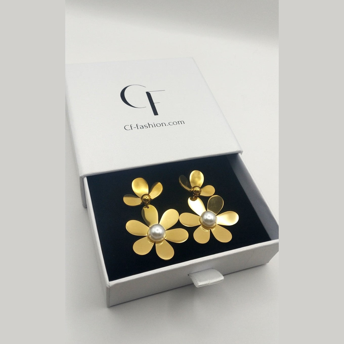 Gold Flower Pearl Stainless Steel Stud Earrings