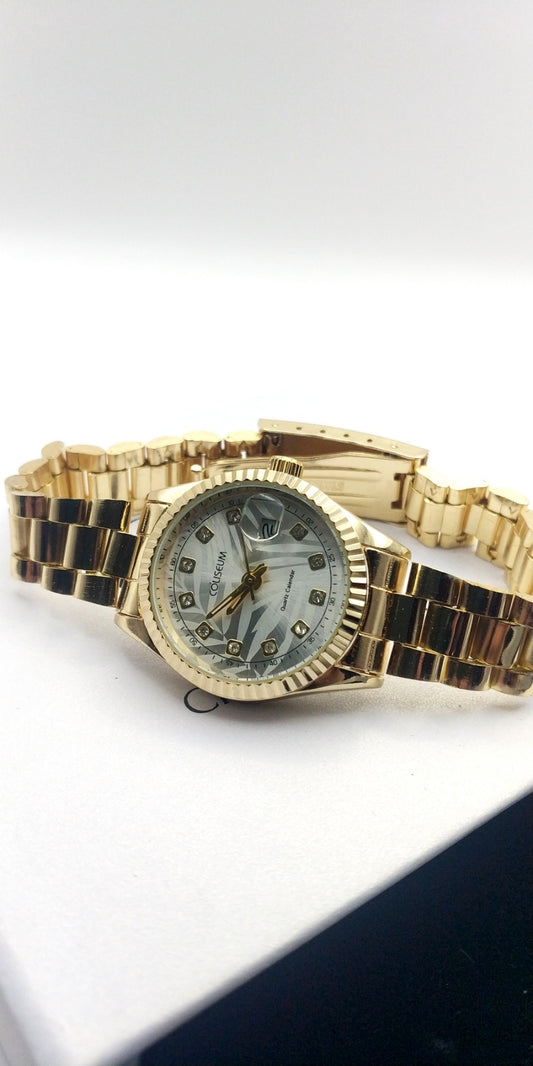 Women’s Elegant Gold Stainless Steel Watch With Crystals On Dial Date Display