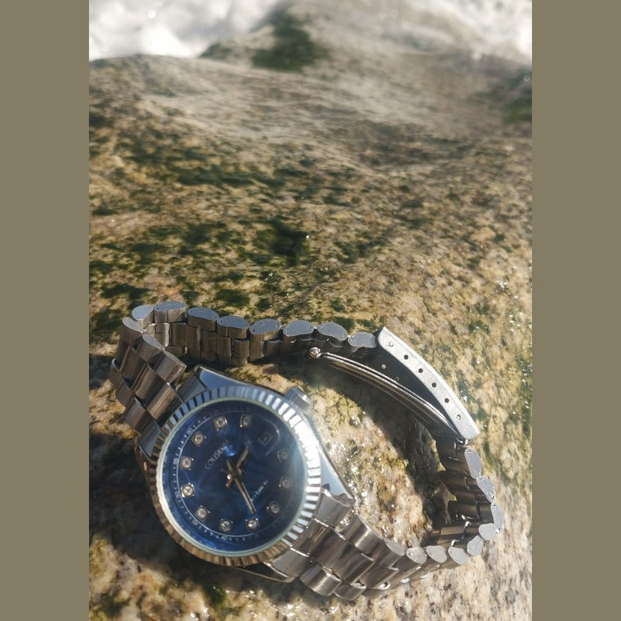 Women’s Elegant Deep Blue Dial Stainless Steel Watch With Crystals