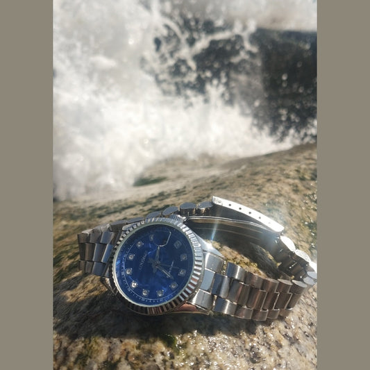 Women’s Elegant Deep Blue Dial Stainless Steel Watch With Crystals