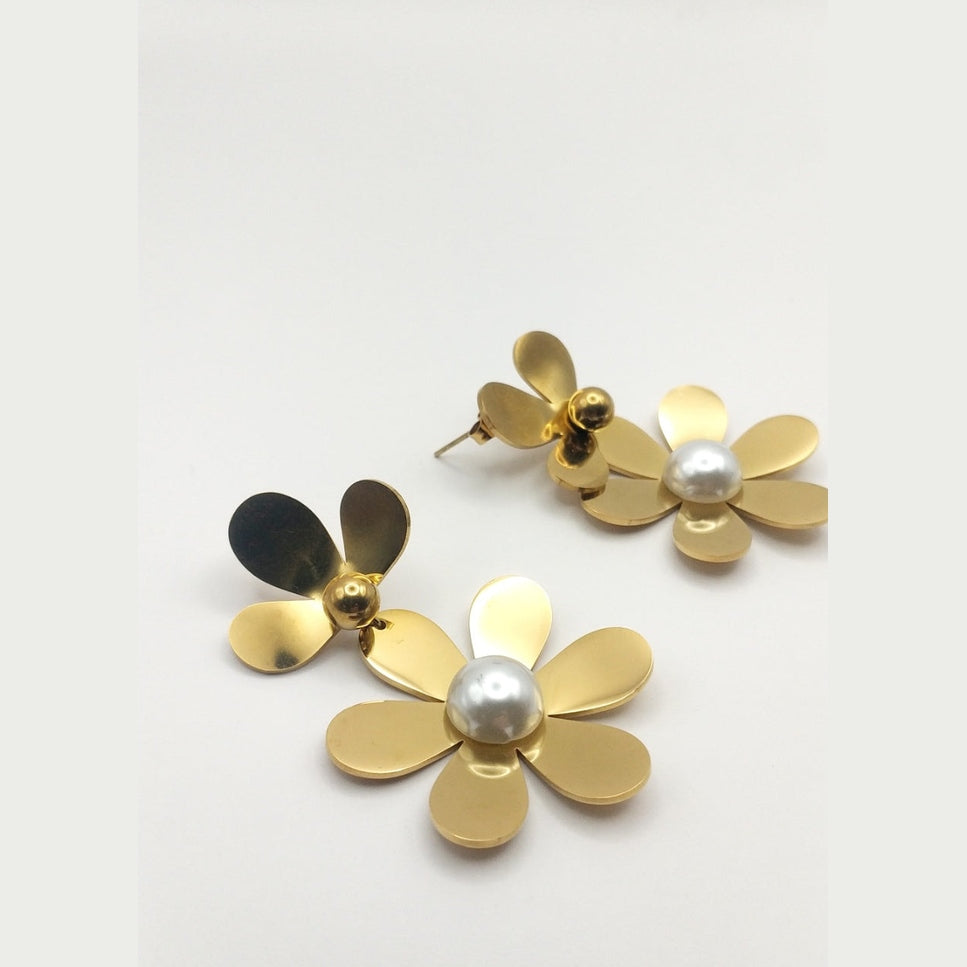 Gold Flower Pearl Stainless Steel Stud Earrings